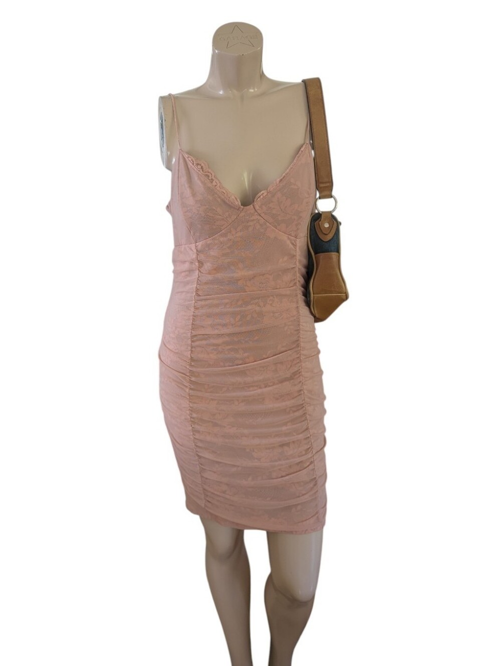 Guess Dusty Rose Lace Ruched Spaghetti-Strap Mini Dress